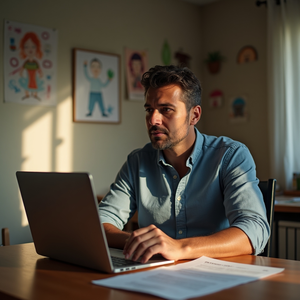 A professional in their early forties sitting thoughtfully at a desk with a laptop, representing the transition from caregiving back to professional life