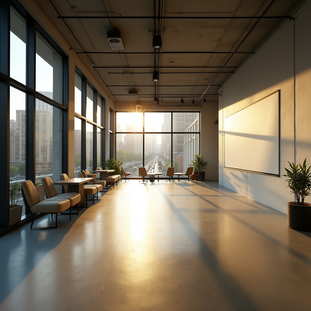 An architectural view of a modern professional training space in Chicago with large windows, clean lines, and warm ambient lighting
