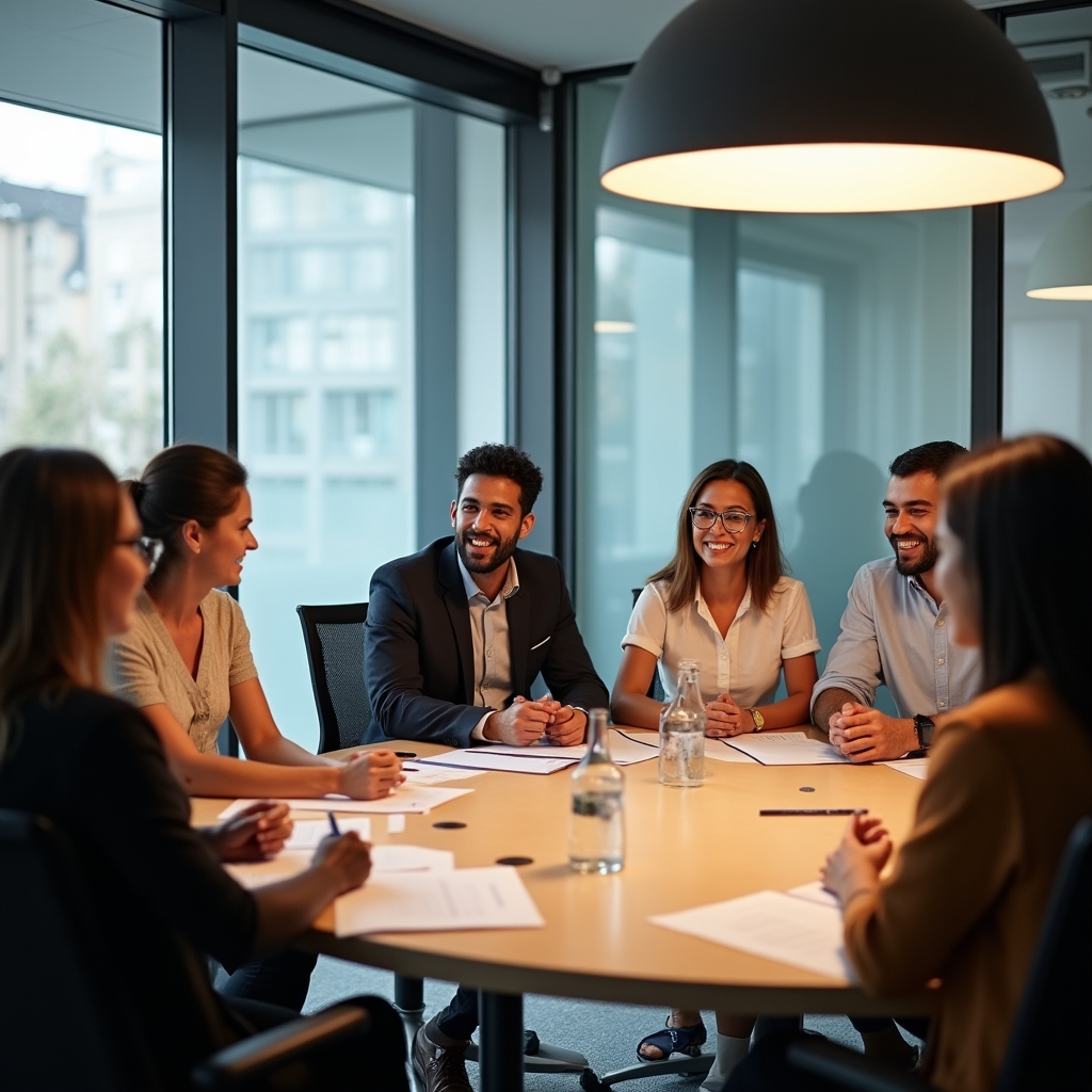 A diverse group of five professionals seated in a semicircle in a bright modern room, engaged in an active coaching session with a facilitator