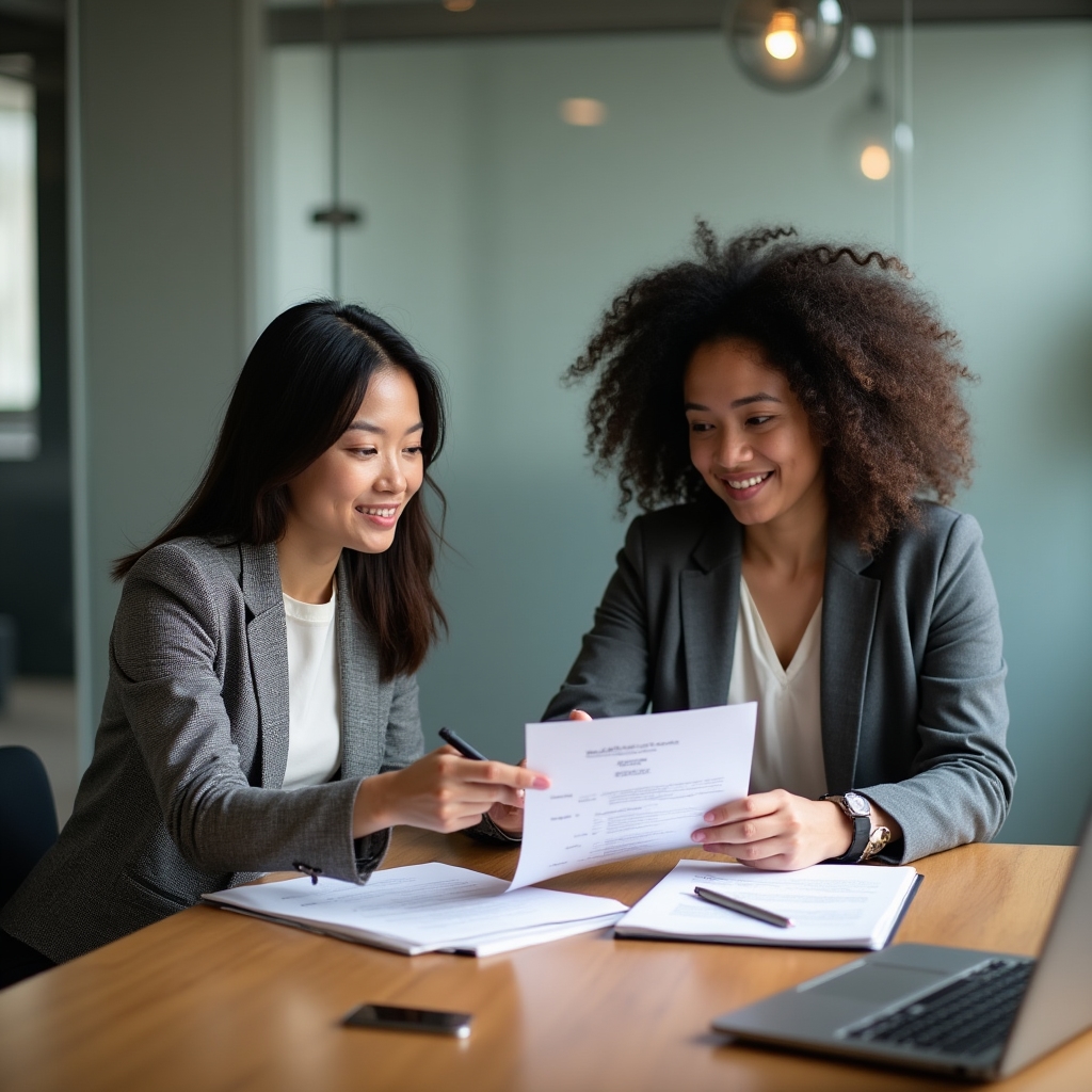 A one-on-one coaching session between two professionals at a table in a quiet well-lit private office, reviewing documents together with focused attention
