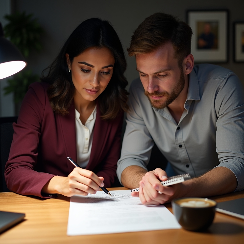 Two professionals reviewing a resume document together at a modern desk, one pointing at a specific section while the other takes notes, warm focused lighting
