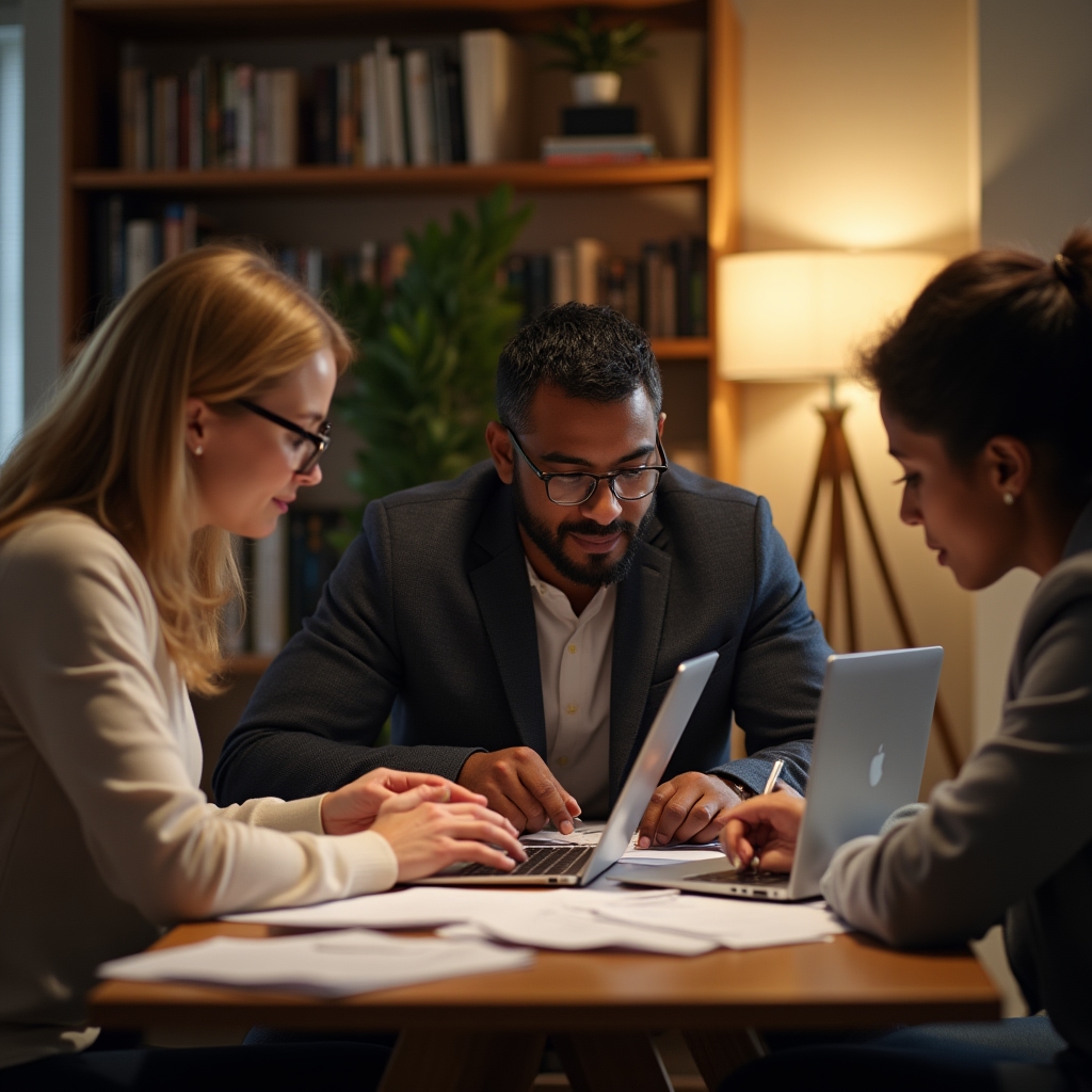 A small intimate group of three professionals working together around a table with laptops and printed materials in a well-lit modern training room